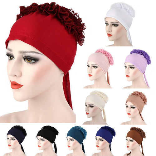 Autumn Winner Cotton Hat Women Muslim Lace Flowers Hat Chemo Cap Hair Loss Headwear Solid Wrap Hijib Cap